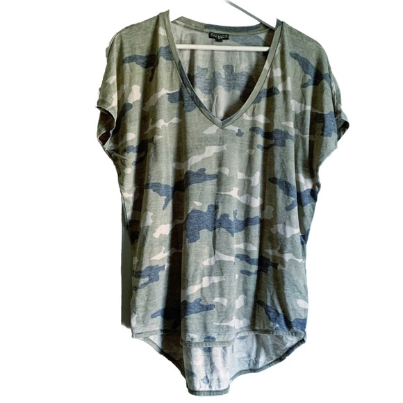 EXPRESS Camo Vneck Cap Sleeve HiLo Knit Tunic Top - Picture 1 of 5